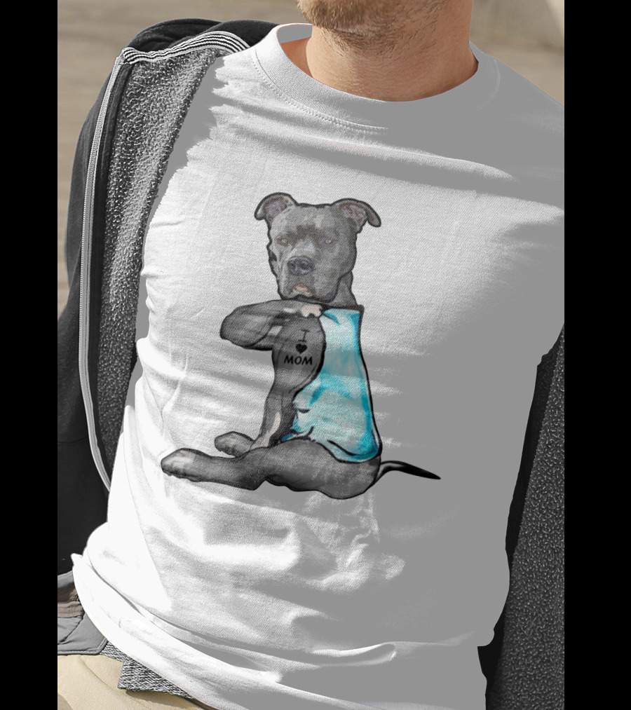 Pitbull I Love Mom Tattoo Blue T-Shirt