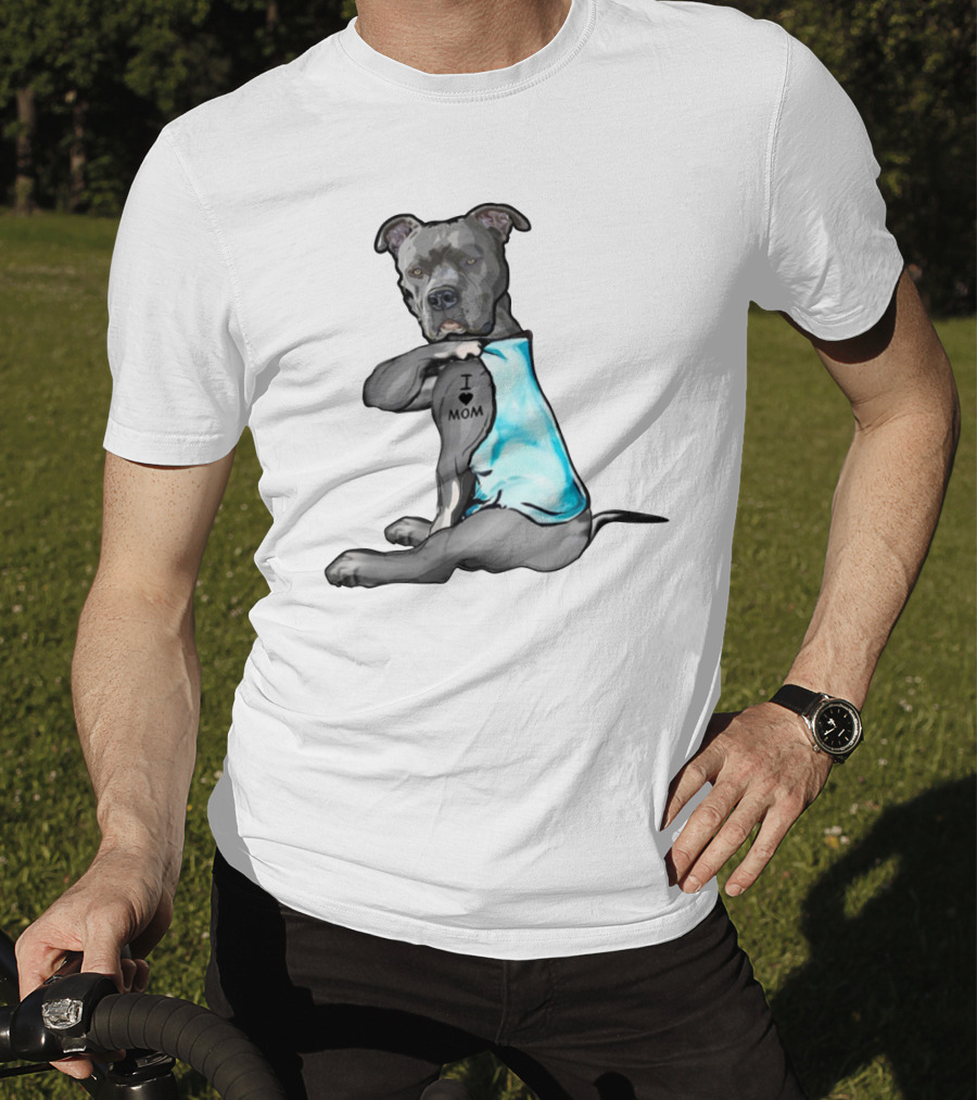 Pitbull I Love Mom Tattoo Blue T-Shirt
