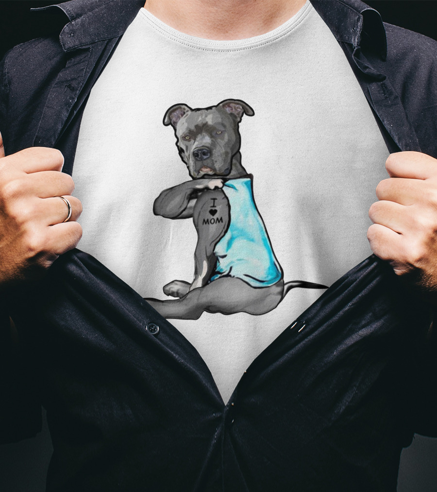 Pitbull I Love Mom Tattoo Blue T-Shirt