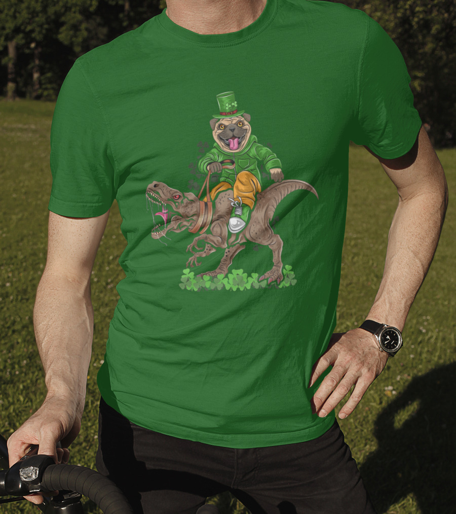 St Patricks Day Pug Puppy Riding Dinosaur Rex With Shamrocks And Leprechaun Hat T-Shirt