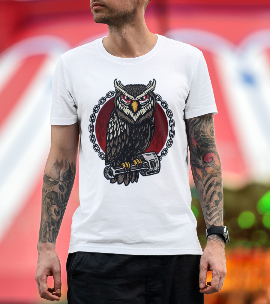 Owl and Piston Motorbike Enthusiast Chain Flame Background T-Shirt