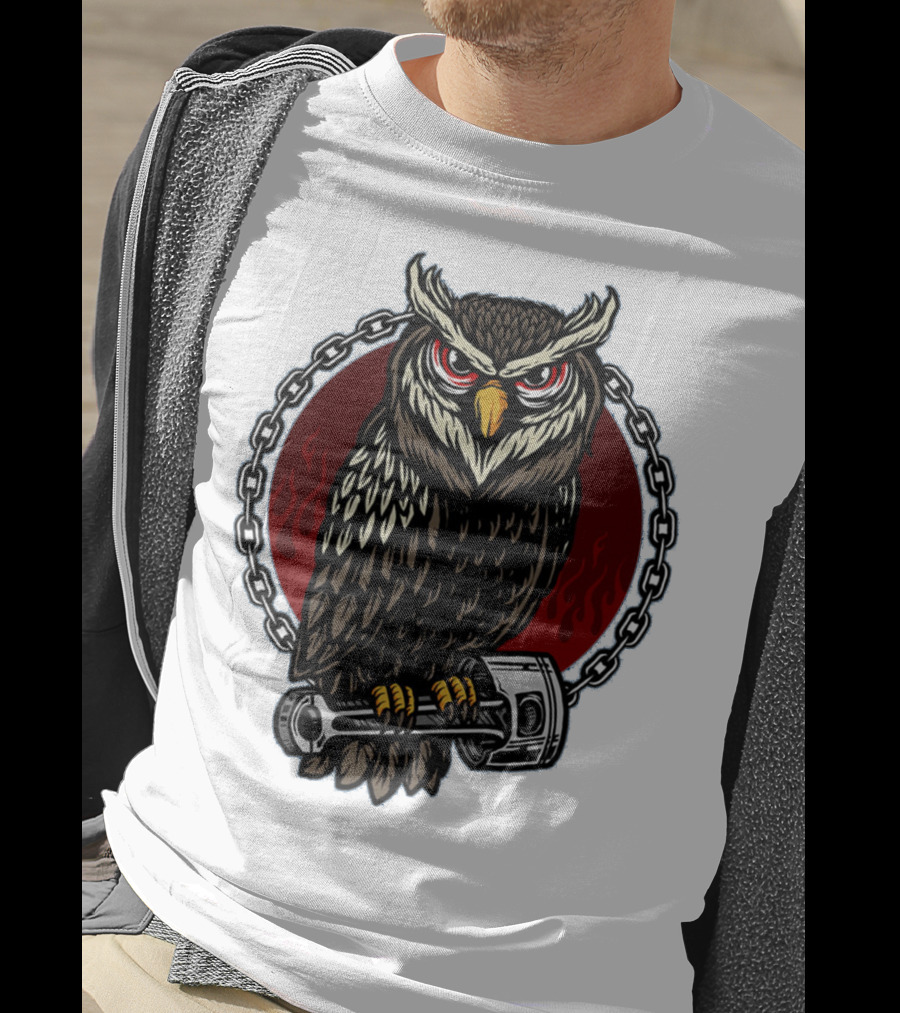 Owl And Piston Motorbike Enthusiast Chain Flame Background T-Shirt