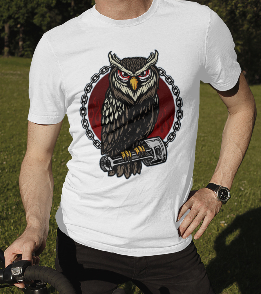 Owl And Piston Motorbike Enthusiast Chain Flame Background T-Shirt