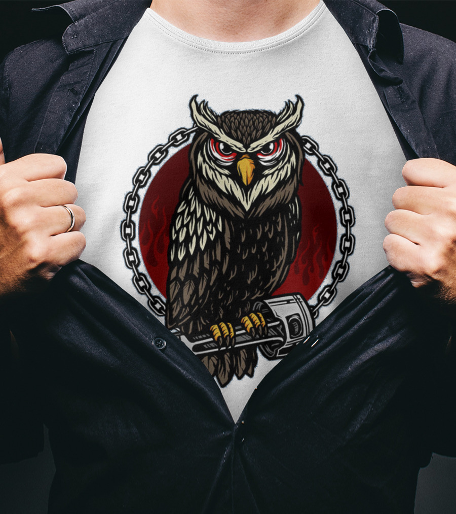 Owl And Piston Motorbike Enthusiast Chain Flame Background T-Shirt