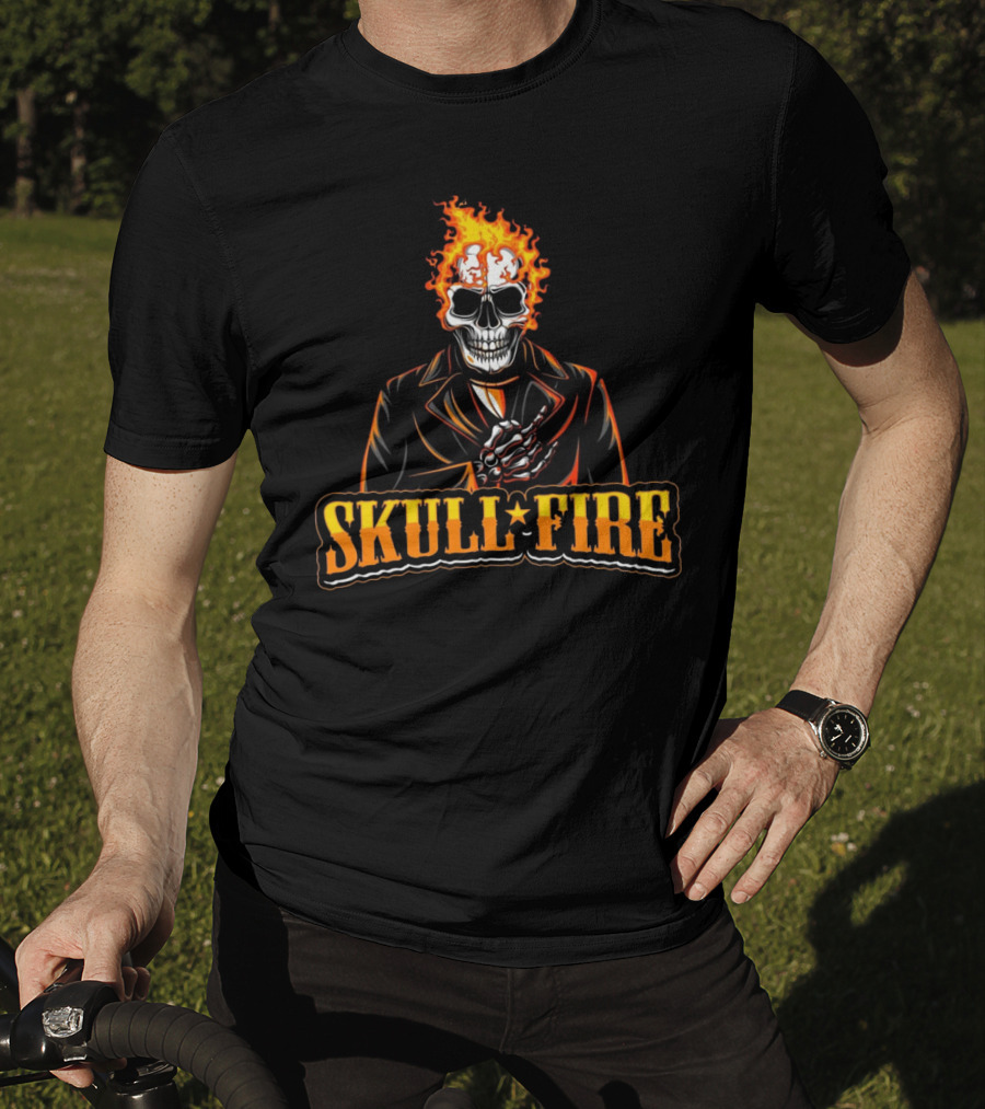 Skull Fire Flaming Skeleton In Dark Suit T-Shirt