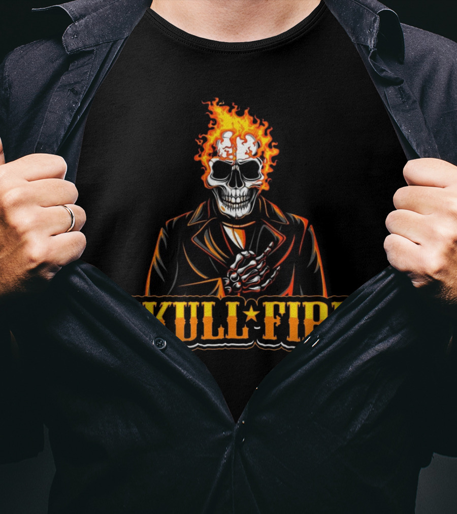 Skull Fire Flaming Skeleton In Dark Suit T-Shirt