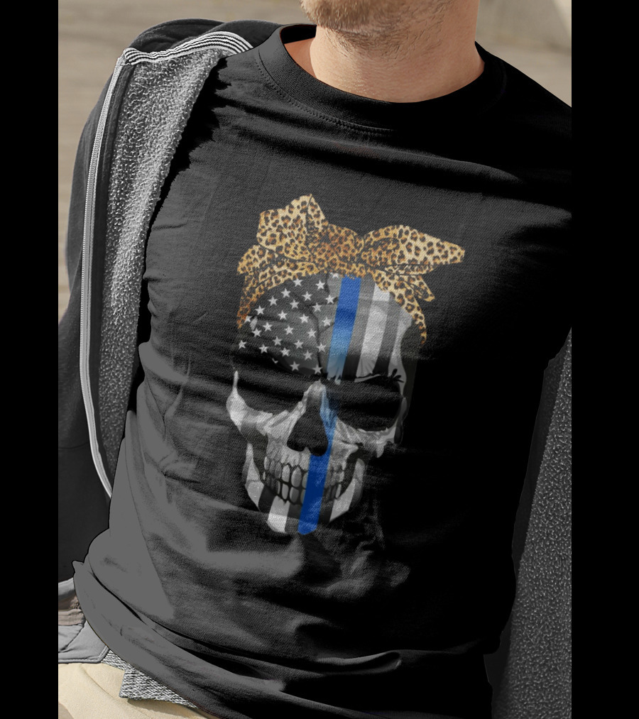 Thin Blue Line American Flag Skull With Leopard Bow T-Shirt