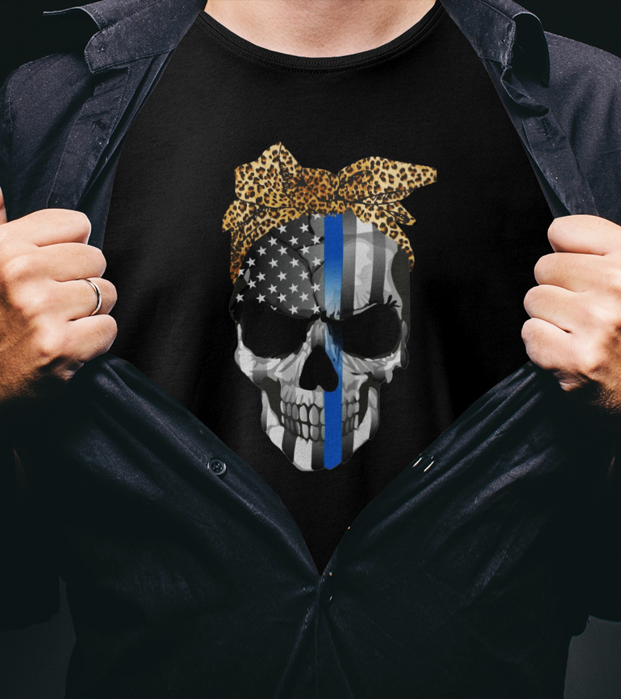 Thin Blue Line American Flag Skull With Leopard Bow T-Shirt