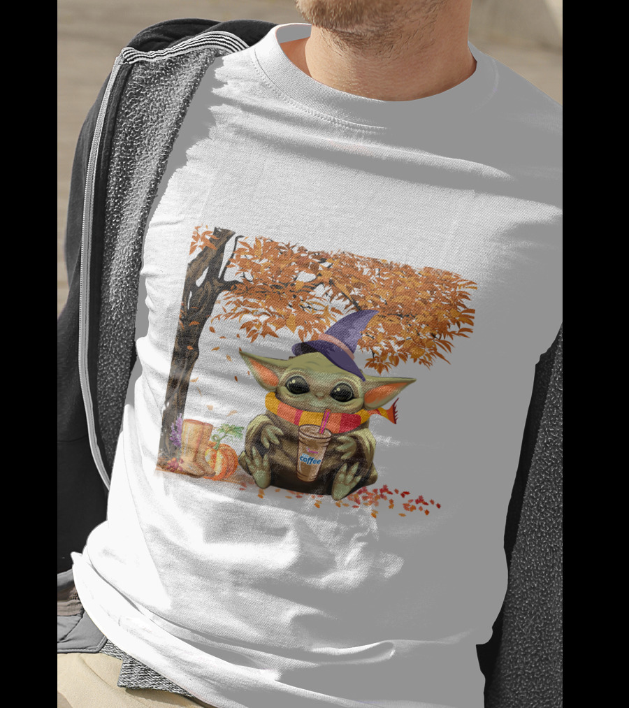 Baby Yoda Autumn Magic Coffee Hug Halloween Wizard Hat Scarf Pumpkin Leaves T-Shirt