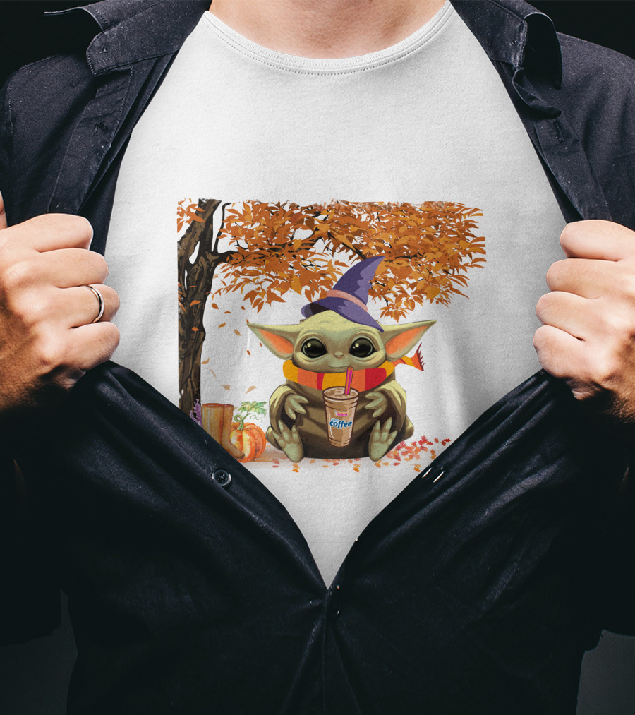 Baby Yoda Autumn Magic Coffee Hug Halloween Wizard Hat Scarf Pumpkin Leaves T-Shirt