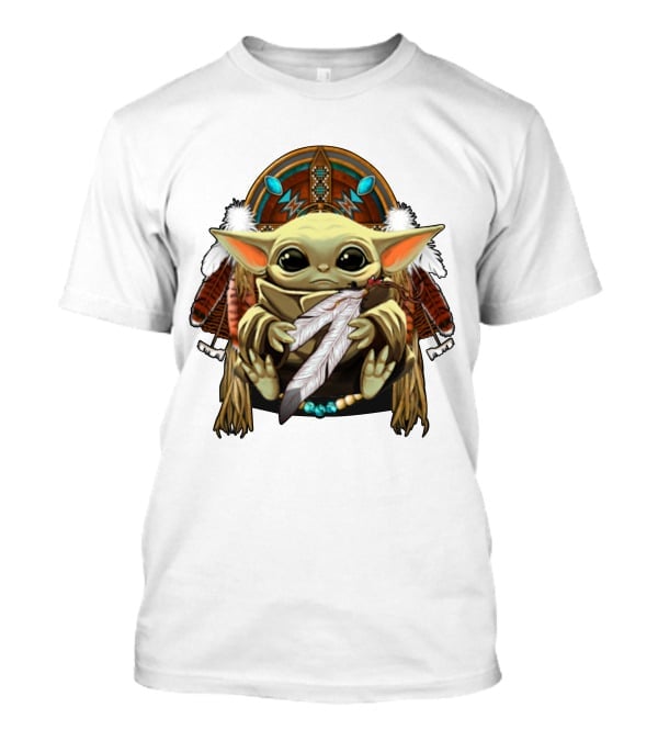 Baby Yoda Native American Headdress Feathers And Beads T-Shirt