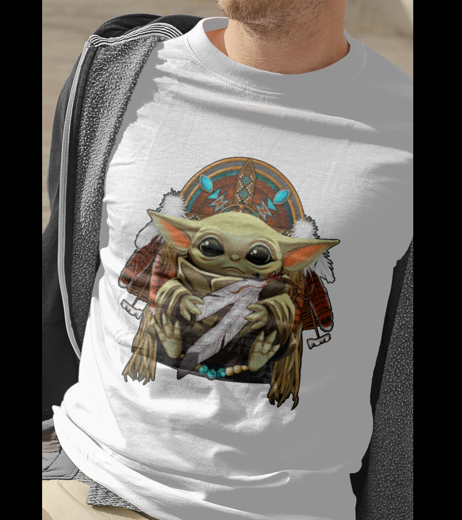 Baby Yoda Native American Headdress Feathers And Beads T-Shirt
