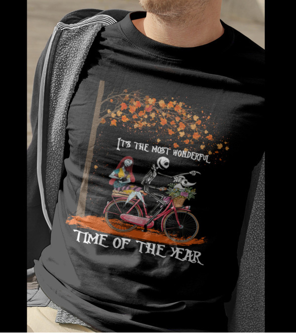 Jack And Sally It's The Most Wonderful Time Of The Year Bicycle Ride Under Autumn Tree T-Shirt