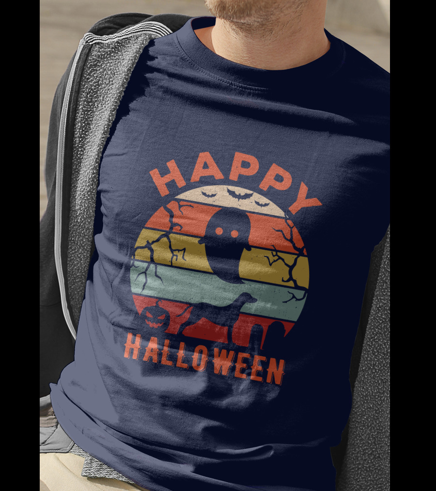 Happy Halloween Dalmatian Dog Ghost Pumpkin Retro Stripes T-Shirt