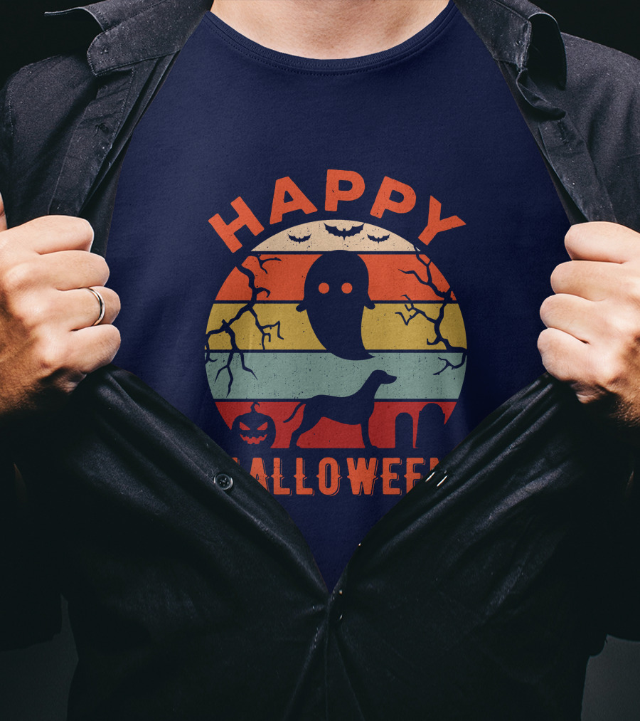 Happy Halloween Dalmatian Dog Ghost Pumpkin Retro Stripes T-Shirt