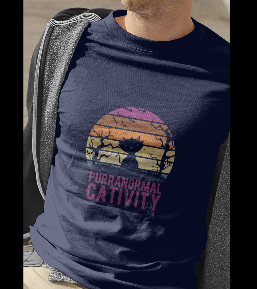 Purranormal Cativity Spooky Cat Silhouette With Bats And Trees T-Shirt
