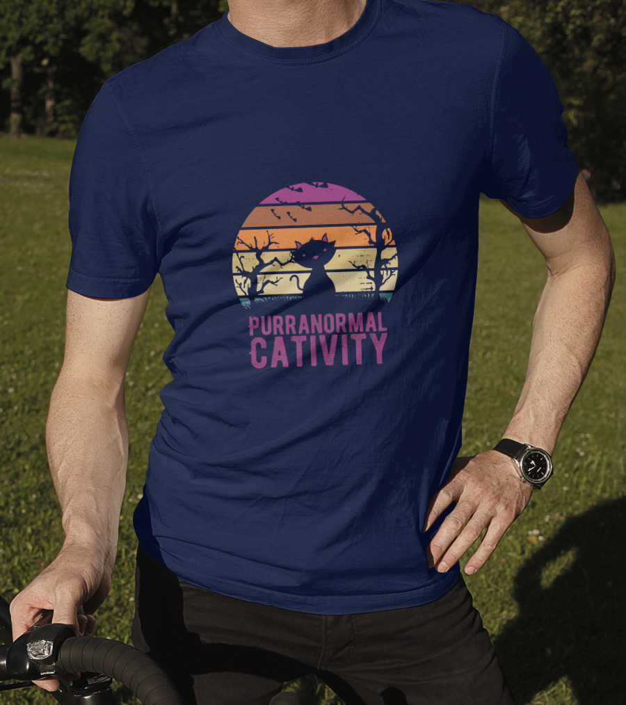 Purranormal Cativity Spooky Cat Silhouette With Bats And Trees T-Shirt