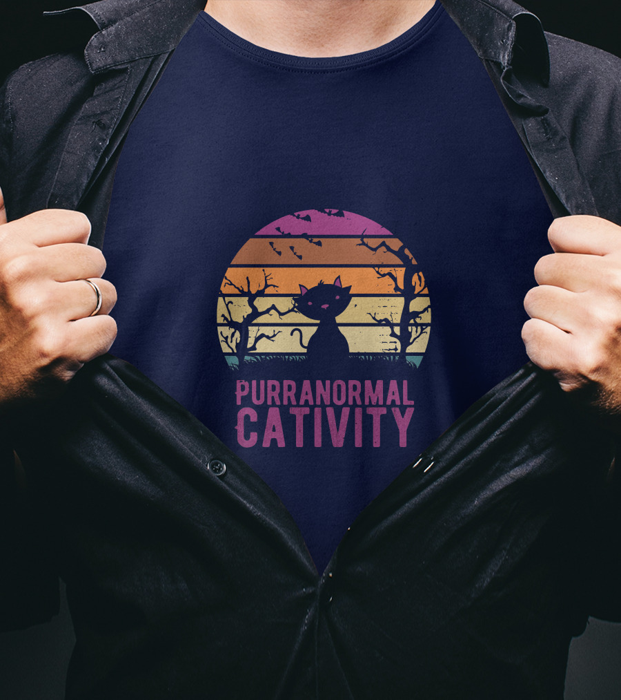 Purranormal Cativity Spooky Cat Silhouette With Bats And Trees T-Shirt