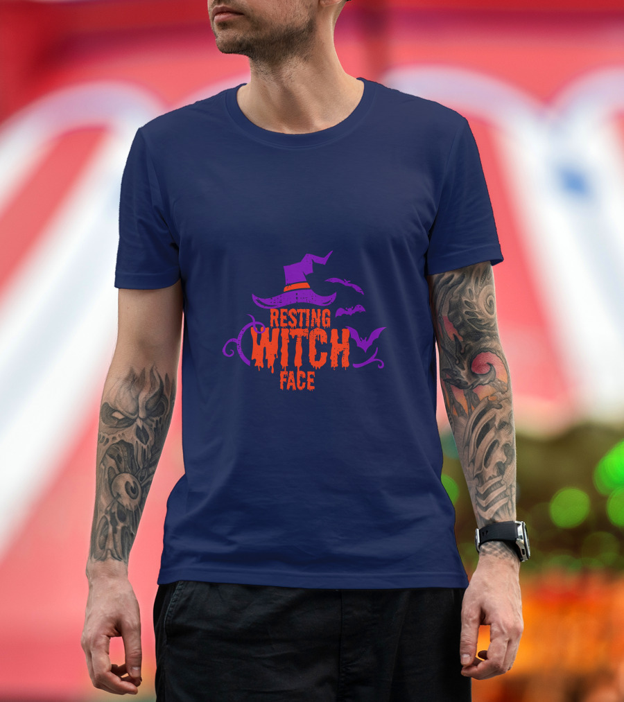 Resting Witch Face Witch Hat Bats Halloween T-Shirt