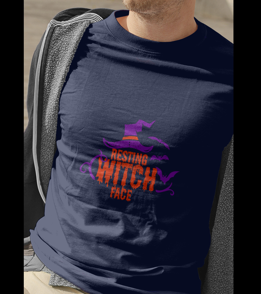 Resting Witch Face Witch Hat Bats Halloween T-Shirt