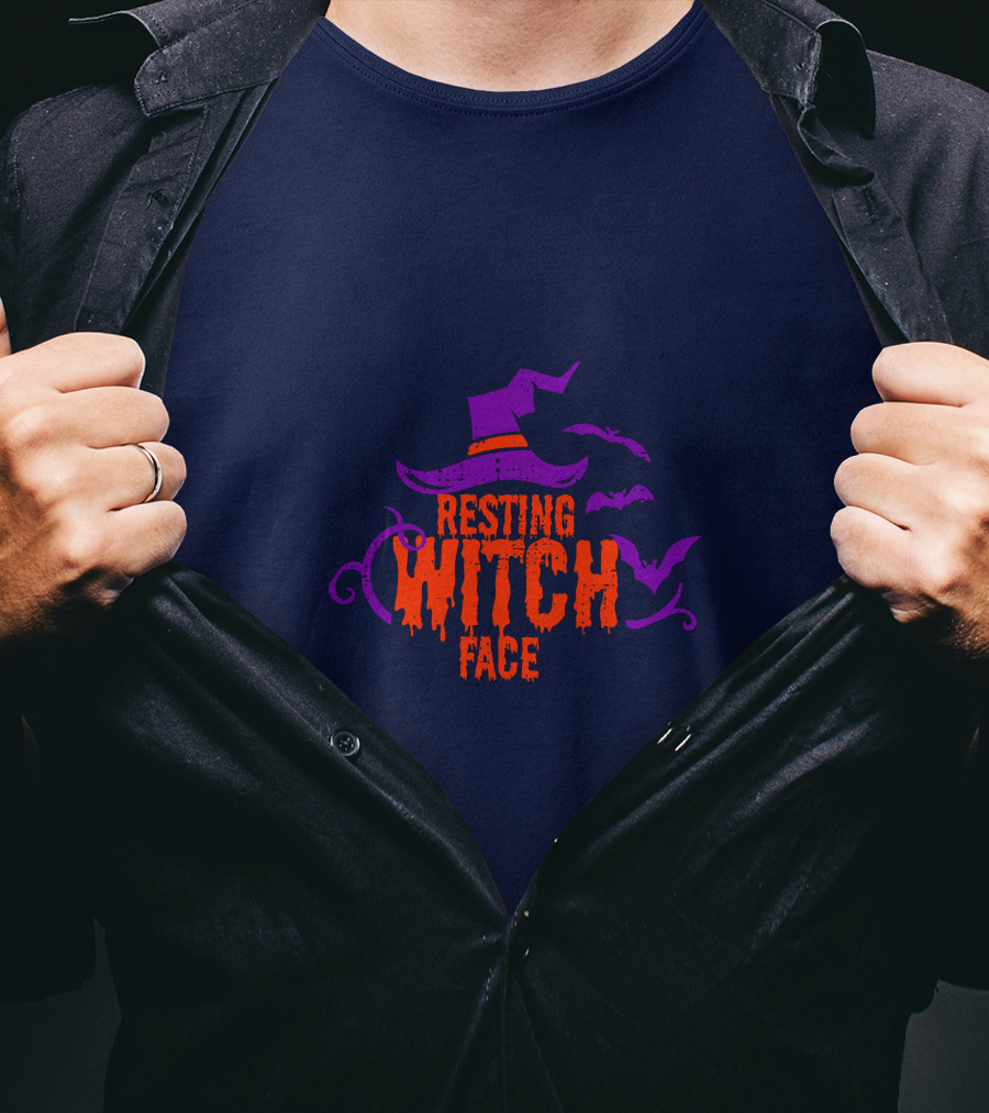 Resting Witch Face Witch Hat Bats Halloween T-Shirt