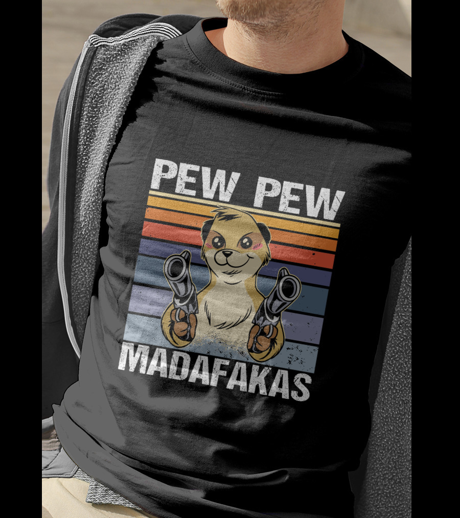 Pew Pew Madafakas Meerkat Retro Stripes Guns T-Shirt