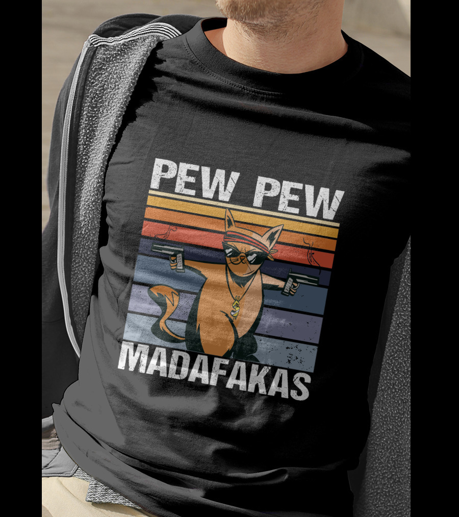 Pew Pew Madafakas Cat With Sunglasses And Retro Stripes T-Shirt