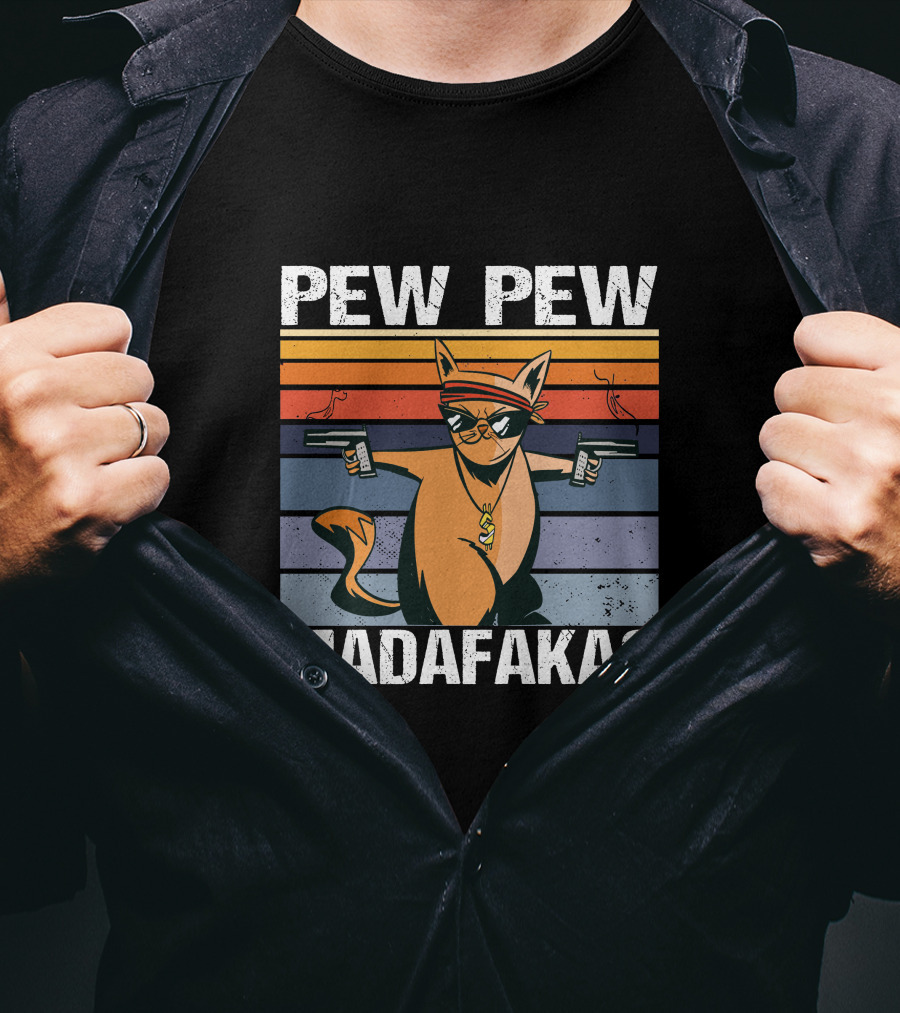 Pew Pew Madafakas Cat With Sunglasses And Retro Stripes T-Shirt