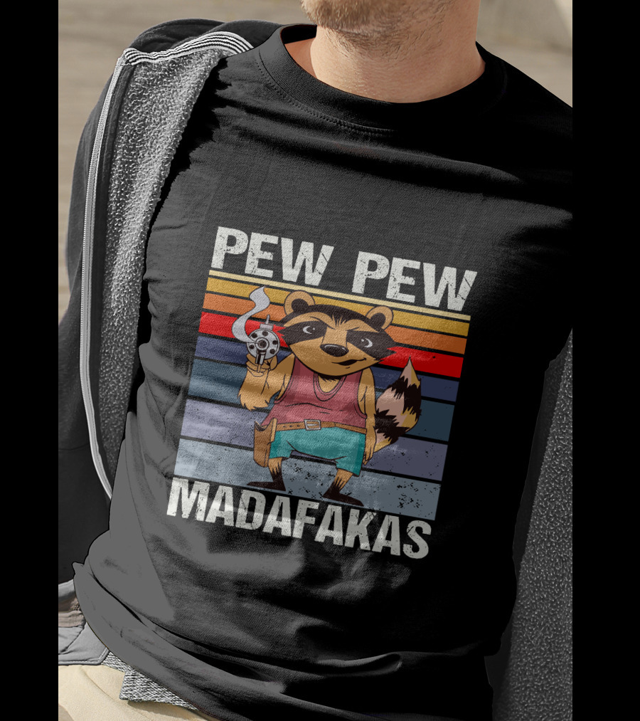 Pew Pew Madafakas Raccoon Retro Stripes Smoking Gun T-Shirt