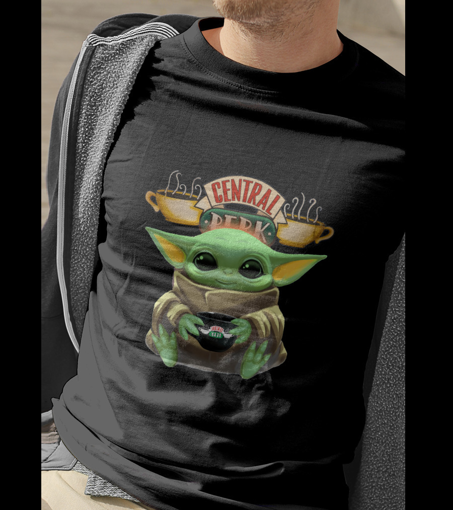 Baby Yoda Hugging Central Perk Coffee Cup Friends-Star Wars Crossover T-Shirt