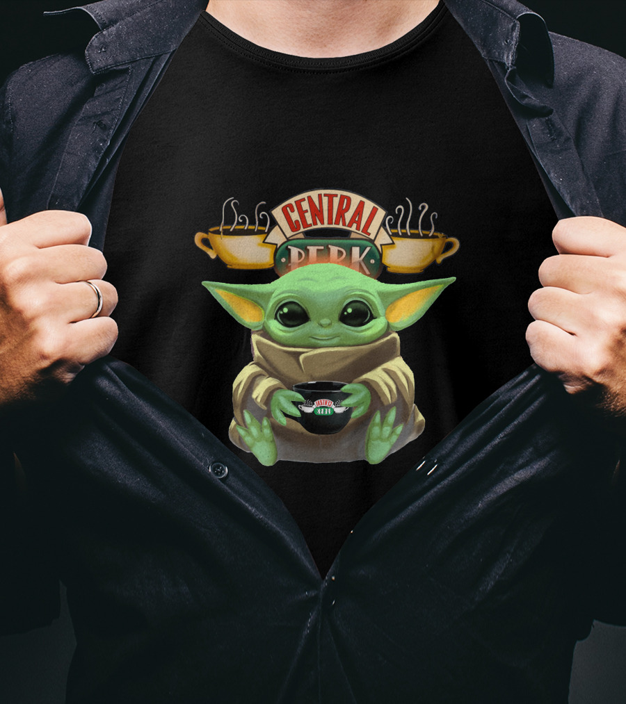 Baby Yoda Hugging Central Perk Coffee Cup Friends-Star Wars Crossover T-Shirt