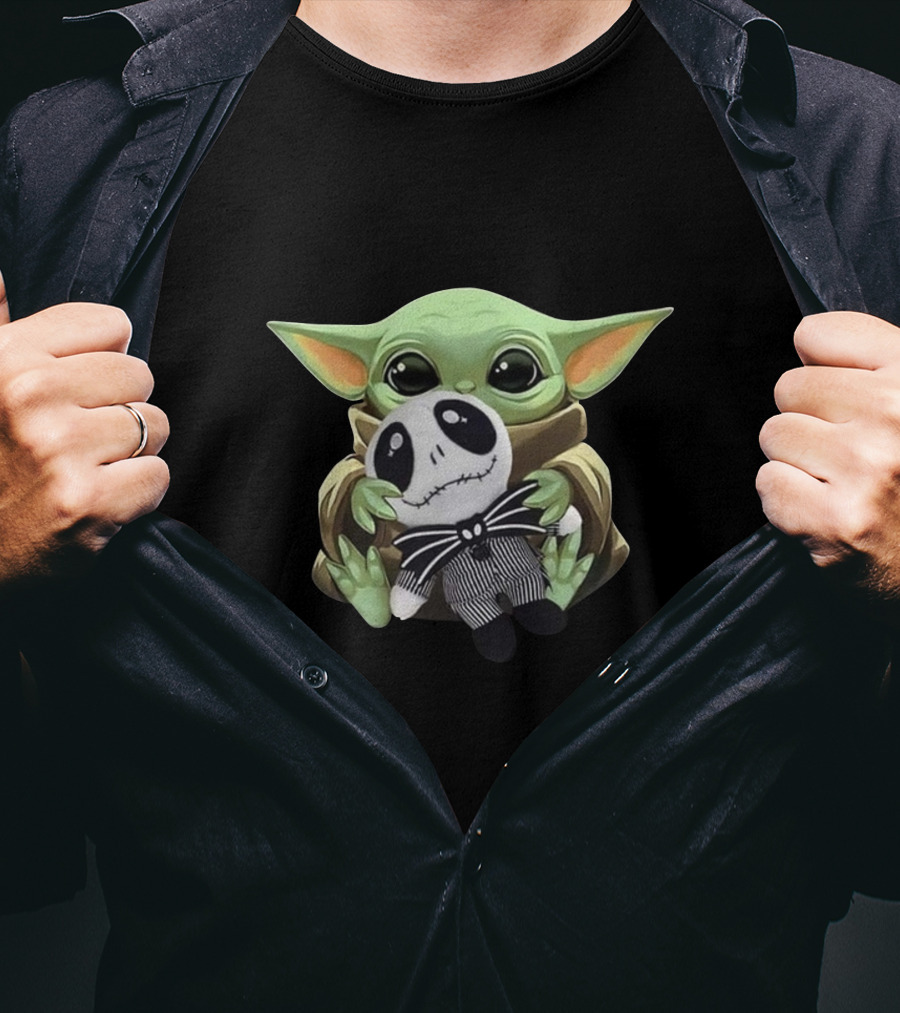 Baby Yoda Holding Jack Skellington Plush Crossover T-Shirt
