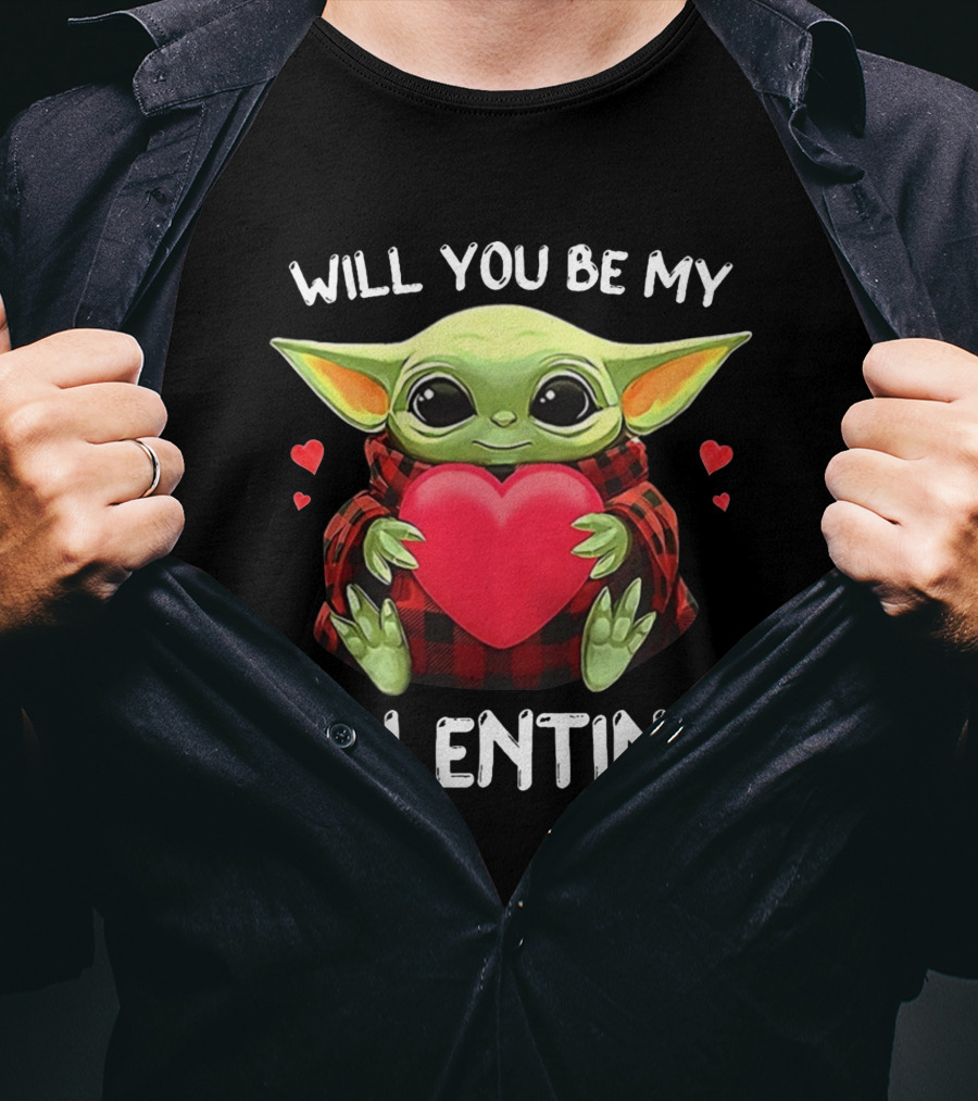 Will You Be My Valentine Baby Yoda Holding Red Heart With Hearts T-Shirt