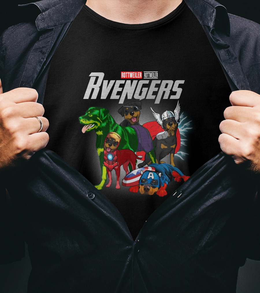 Rottweiler RVengers Marvel Avengers Dogs Hulk Thor Captain America Iron Man T-Shirt