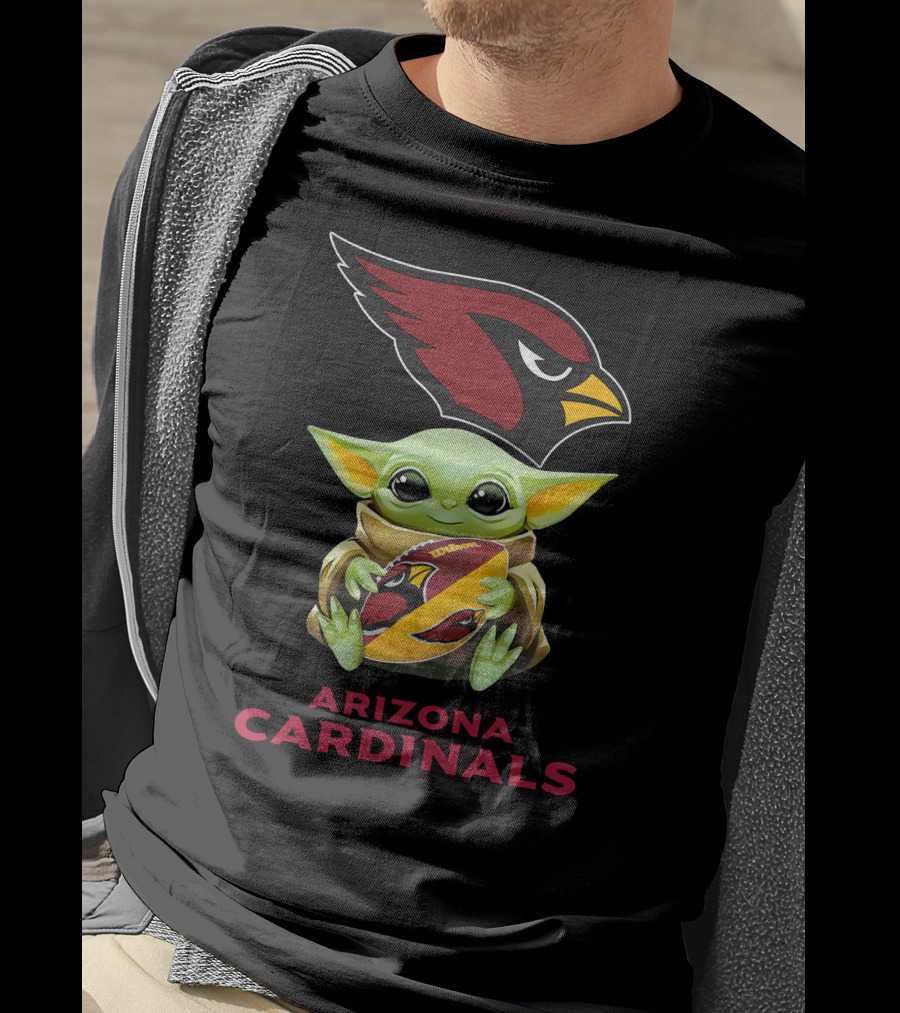 Baby Yoda Hugging Arizona Cardinals Logo Football With Team Emblem T-Shirt