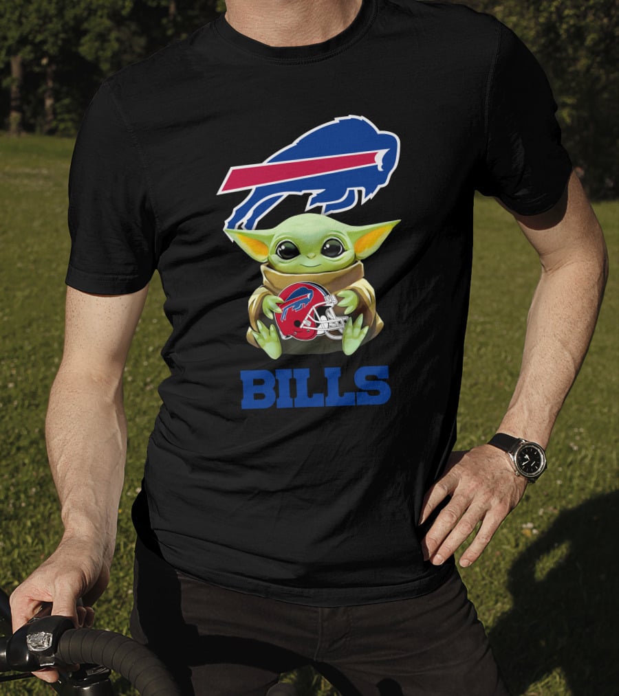 Baby Yoda Holding Buffalo Bills Helmet NFL Logo Bills T-Shirt