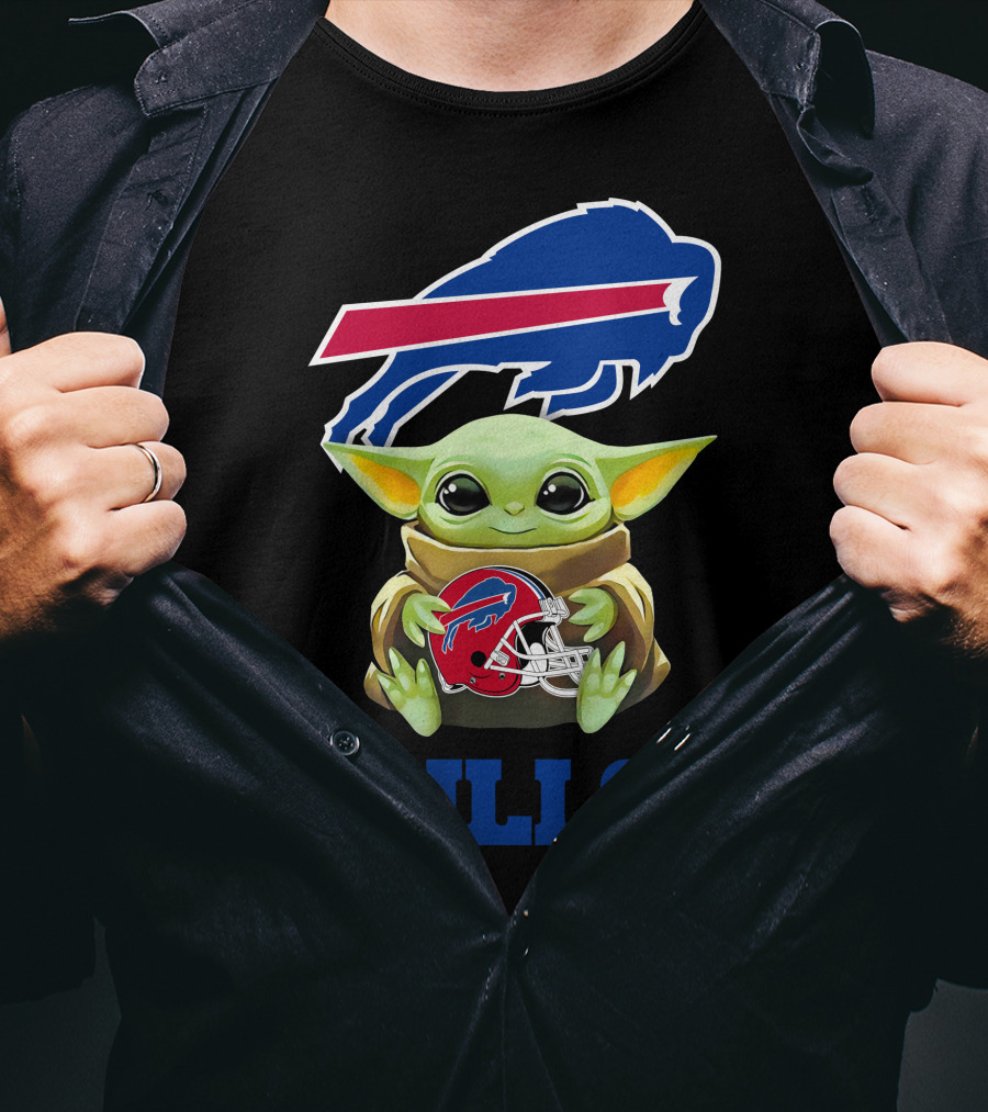 Baby Yoda Holding Buffalo Bills Helmet NFL Logo Bills T-Shirt