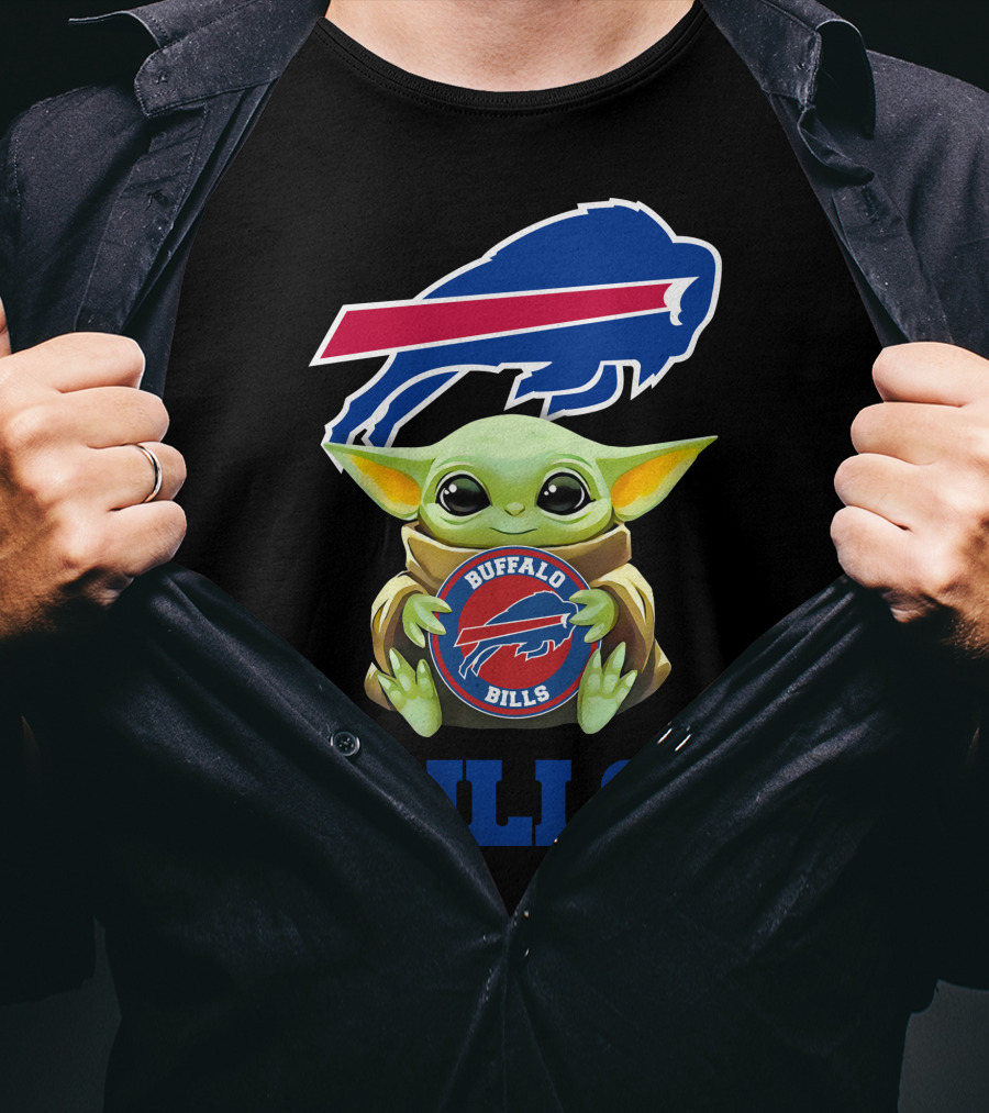 Baby Yoda Holding Buffalo Bills NFL Team Emblem With Blue Bills Text T-Shirt