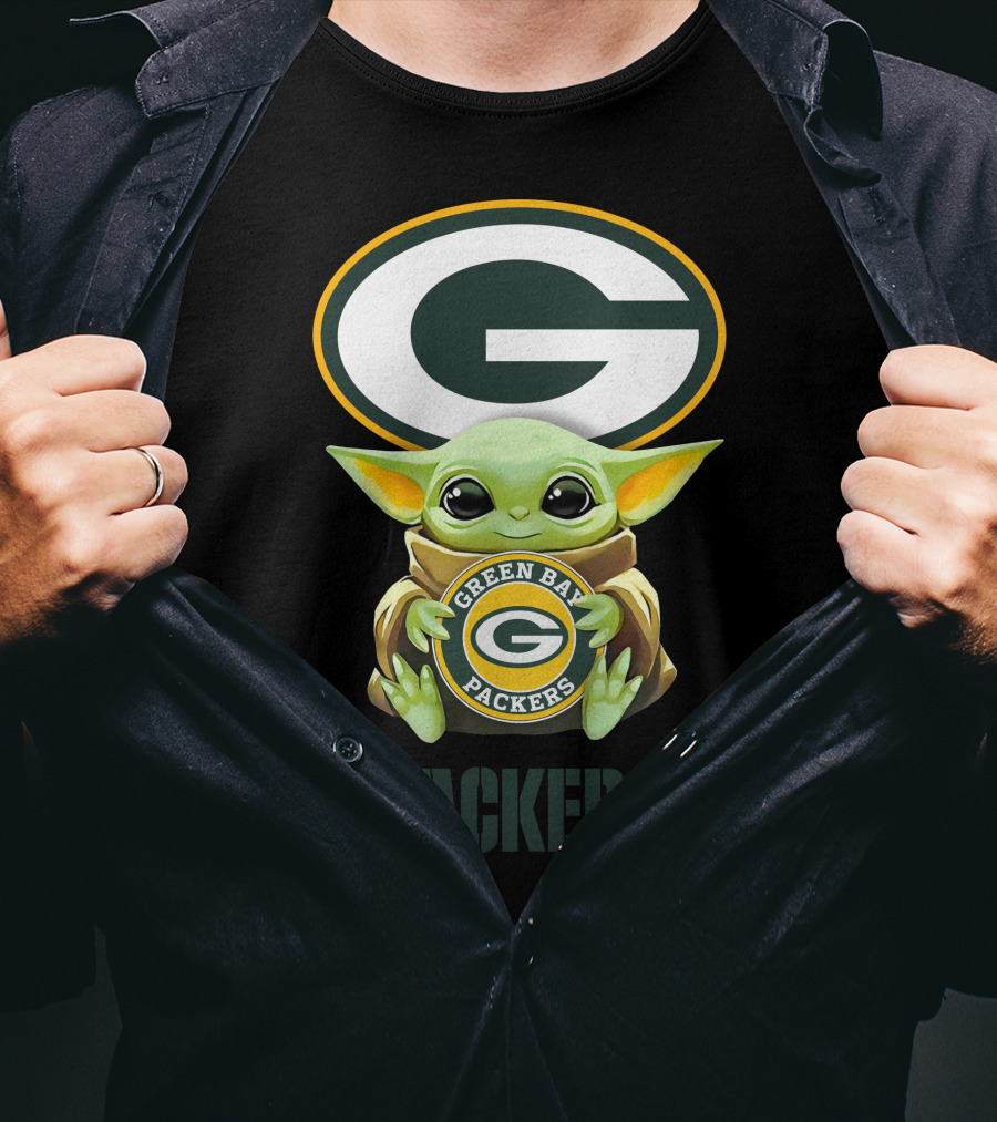 Baby Yoda With Green Bay Packers Symbol And Text T-Shirt