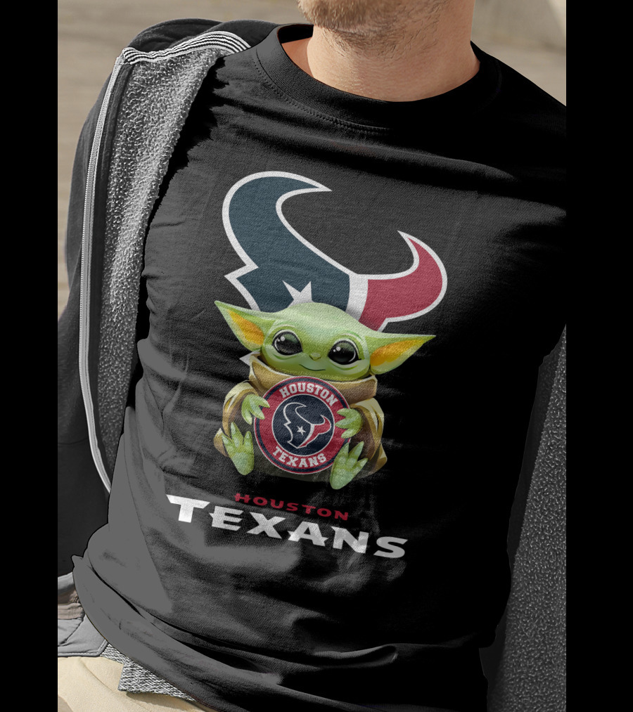 Baby Yoda Holding Houston Texans Logo Football Team Emblem T-Shirt