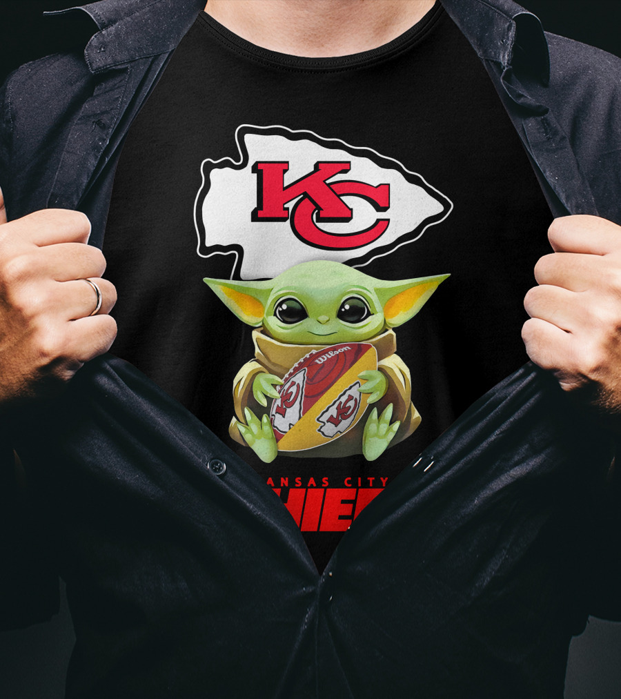Baby Yoda Holding Kansas City Chiefs Football T-Shirt