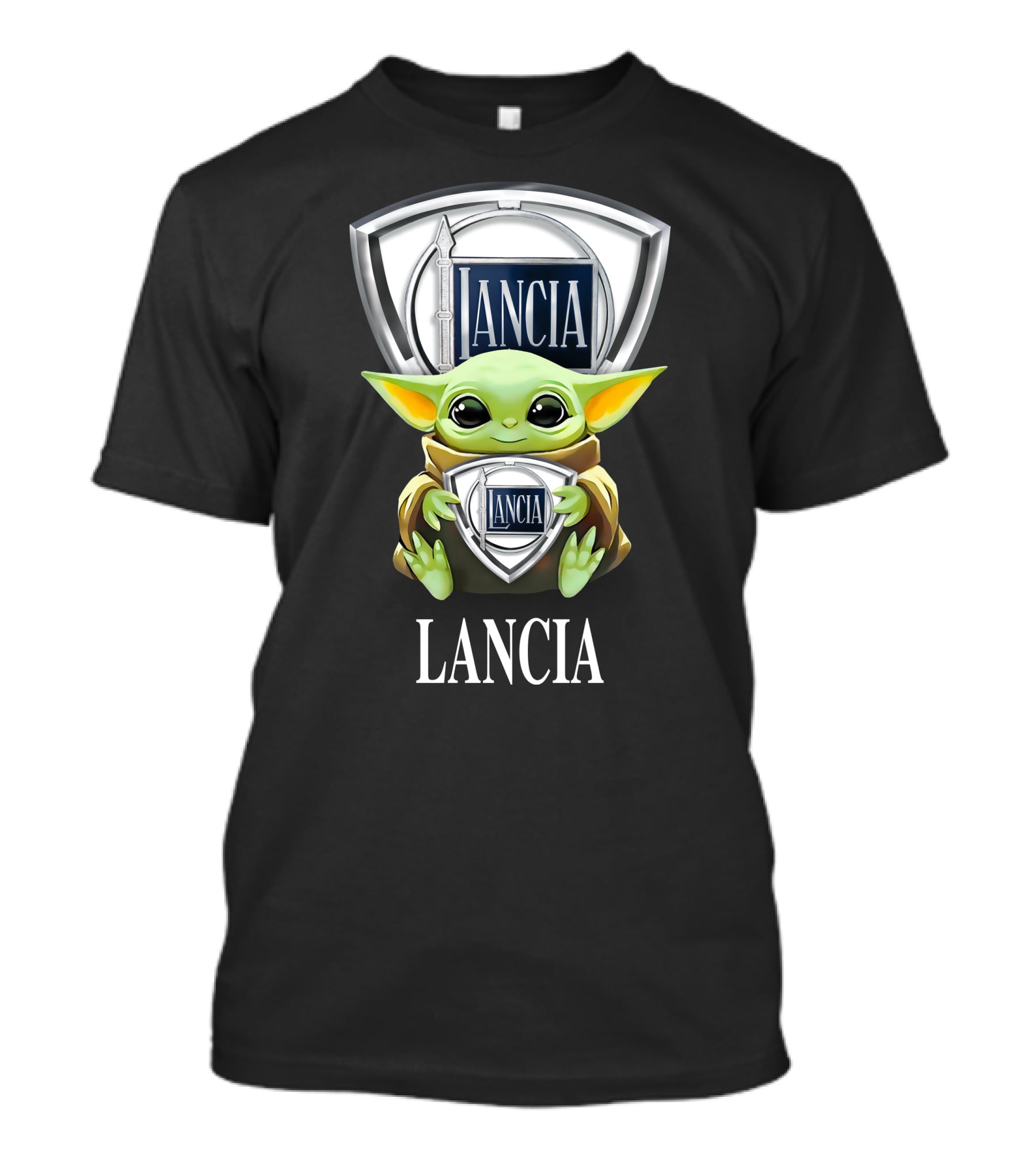 Baby Yoda Holding Lancia Logo With Lancia Text T-Shirt