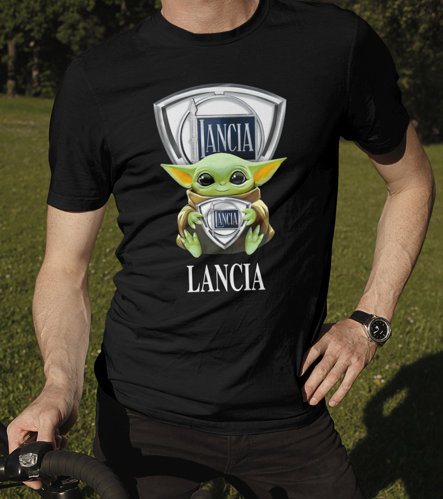 Baby Yoda Holding Lancia Logo With Lancia Text T-Shirt