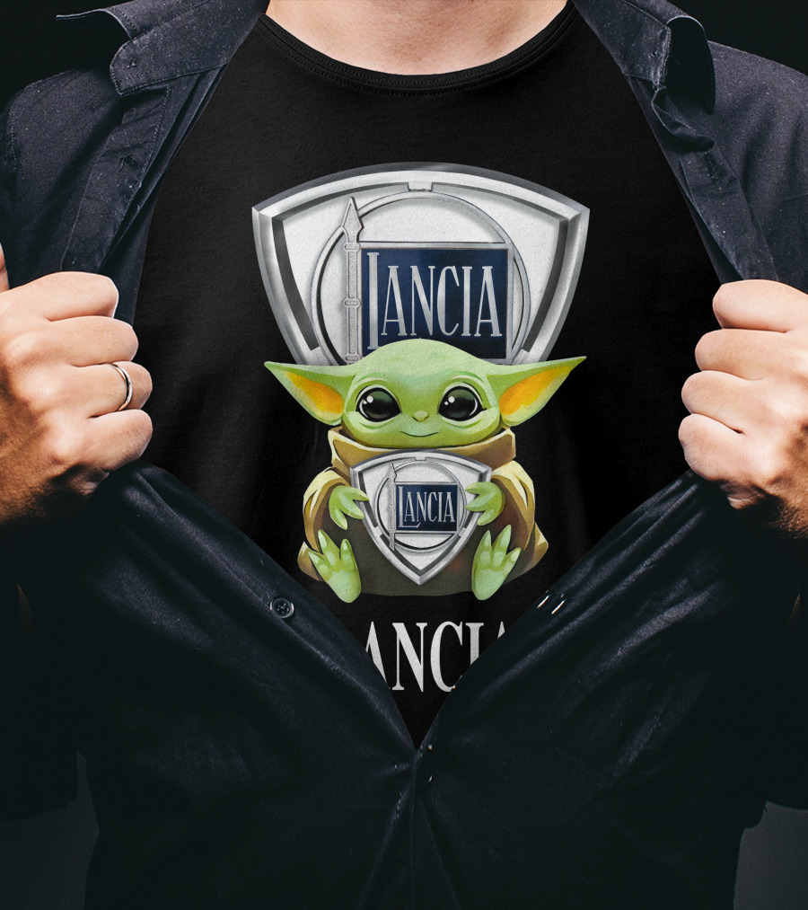 Baby Yoda Holding Lancia Logo With Lancia Text T-Shirt