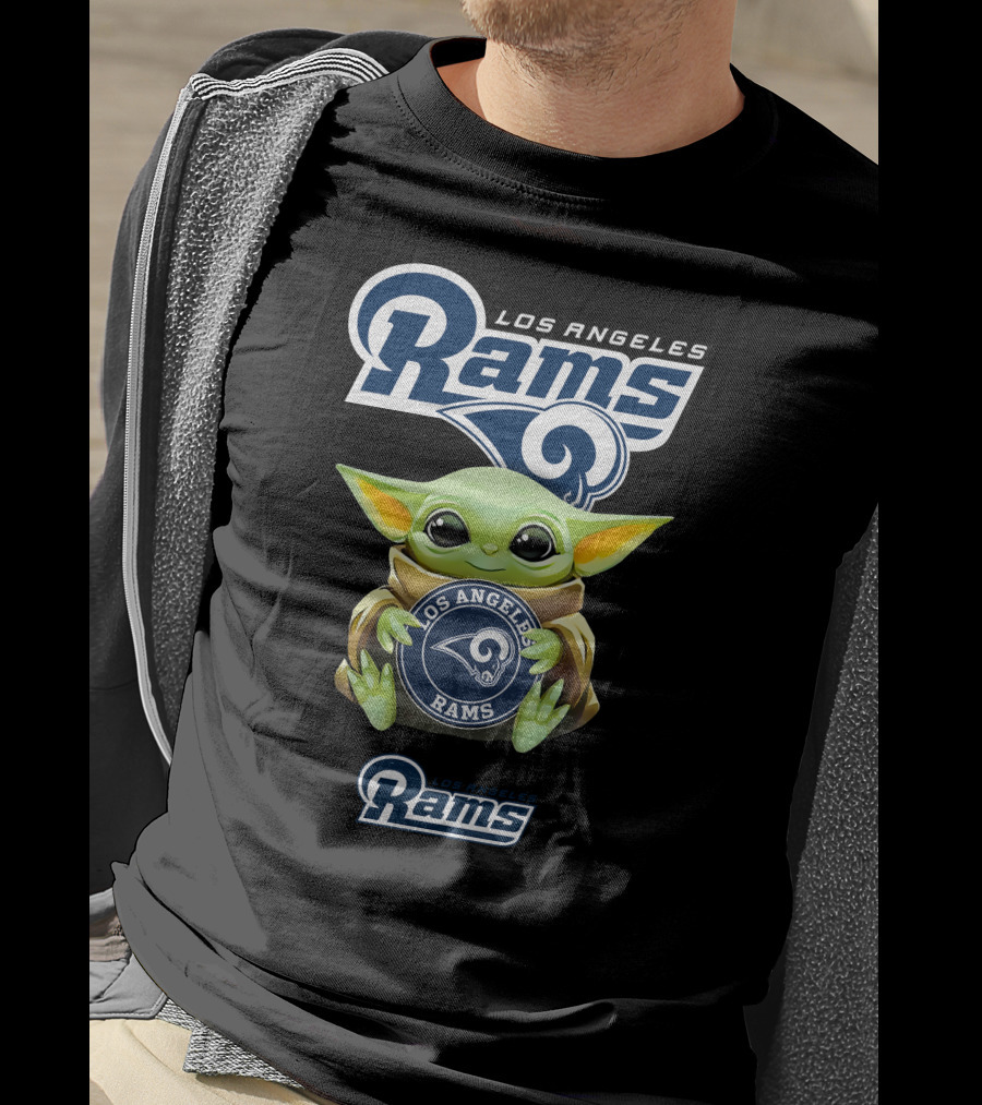 Baby Yoda Holding Los Angeles Rams Emblem With Official Team T-Shirt