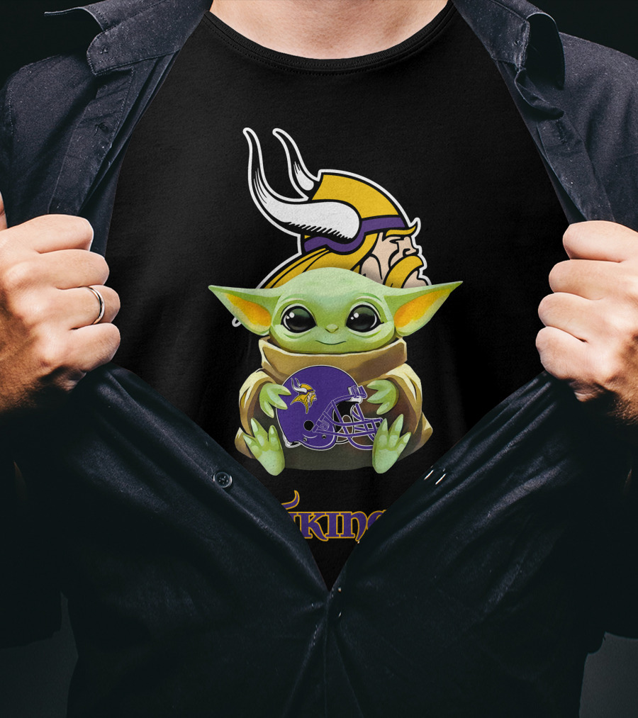 Baby Yoda Holding Minnesota Vikings Helmet With Vikings Mascot And T-Shirt