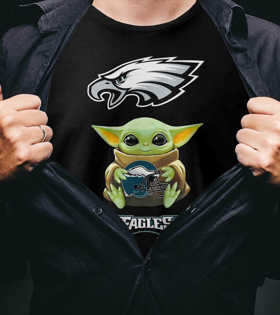 Baby Yoda Holding Philadelphia Eagles Helmet With Eagles T-Shirt