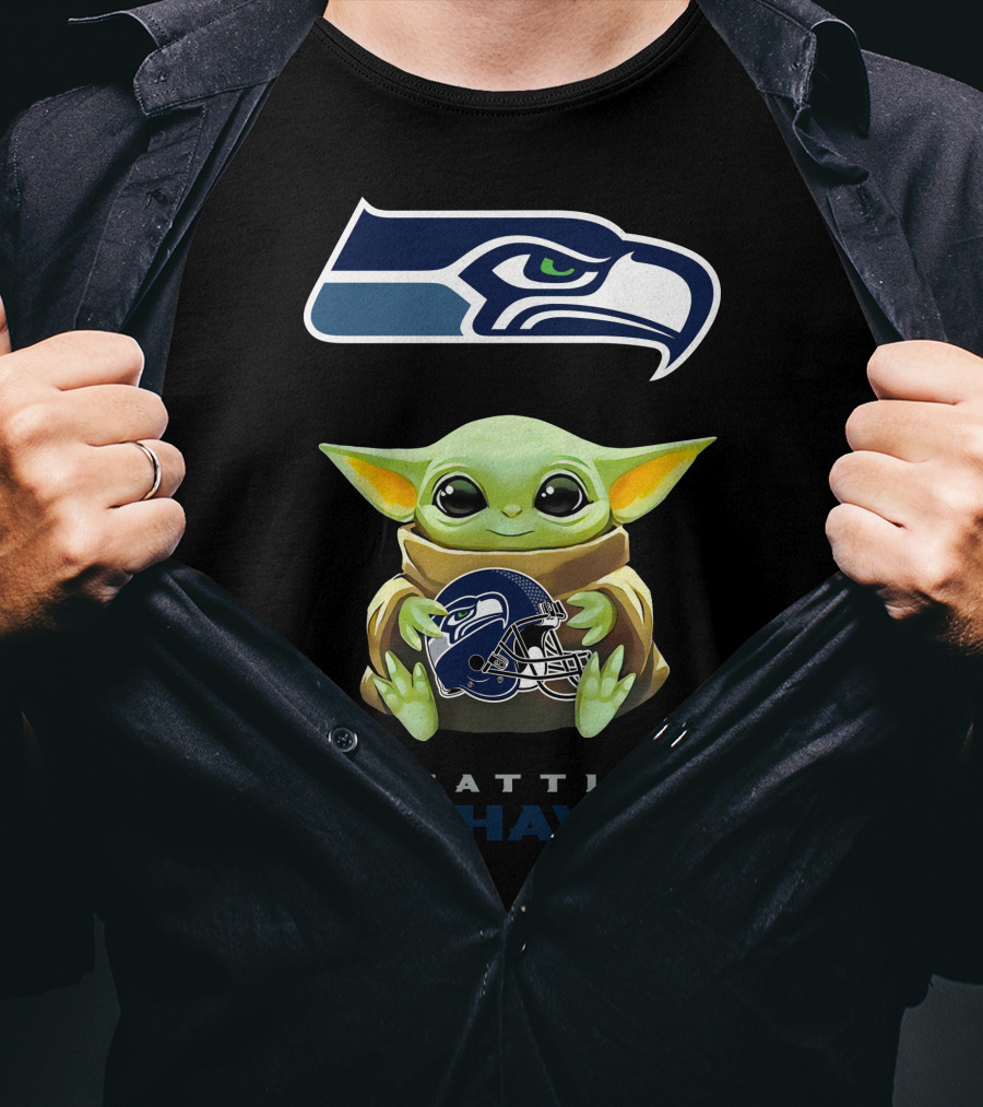 Baby Yoda Holding Seattle Seahawks Helmet T-Shirt