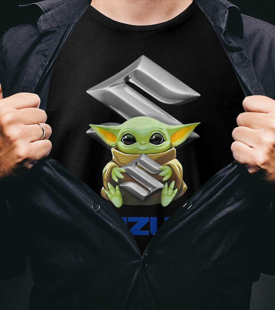 Baby Yoda Holding Silver Suzuki Emblem With Blue Suzuki T-Shirt
