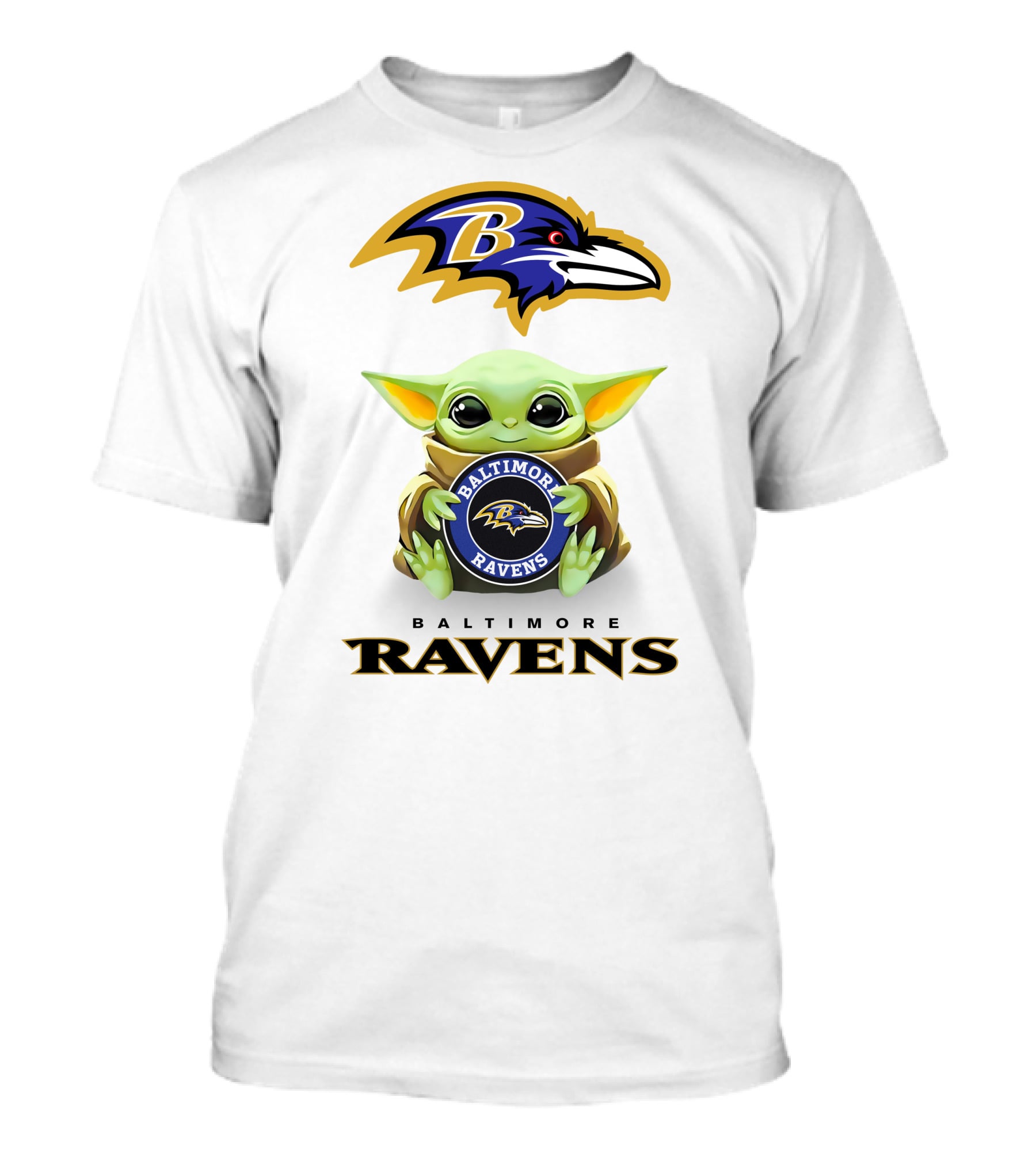 Baby Yoda Holding Baltimore Ravens Logo With Team Emblems T-Shirt